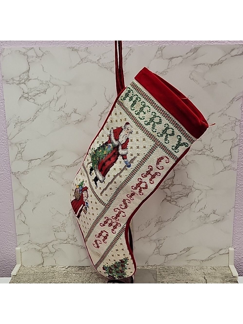 Vintage Handmade Needlepoint Christmas stocking signed - Picture 4 of 9